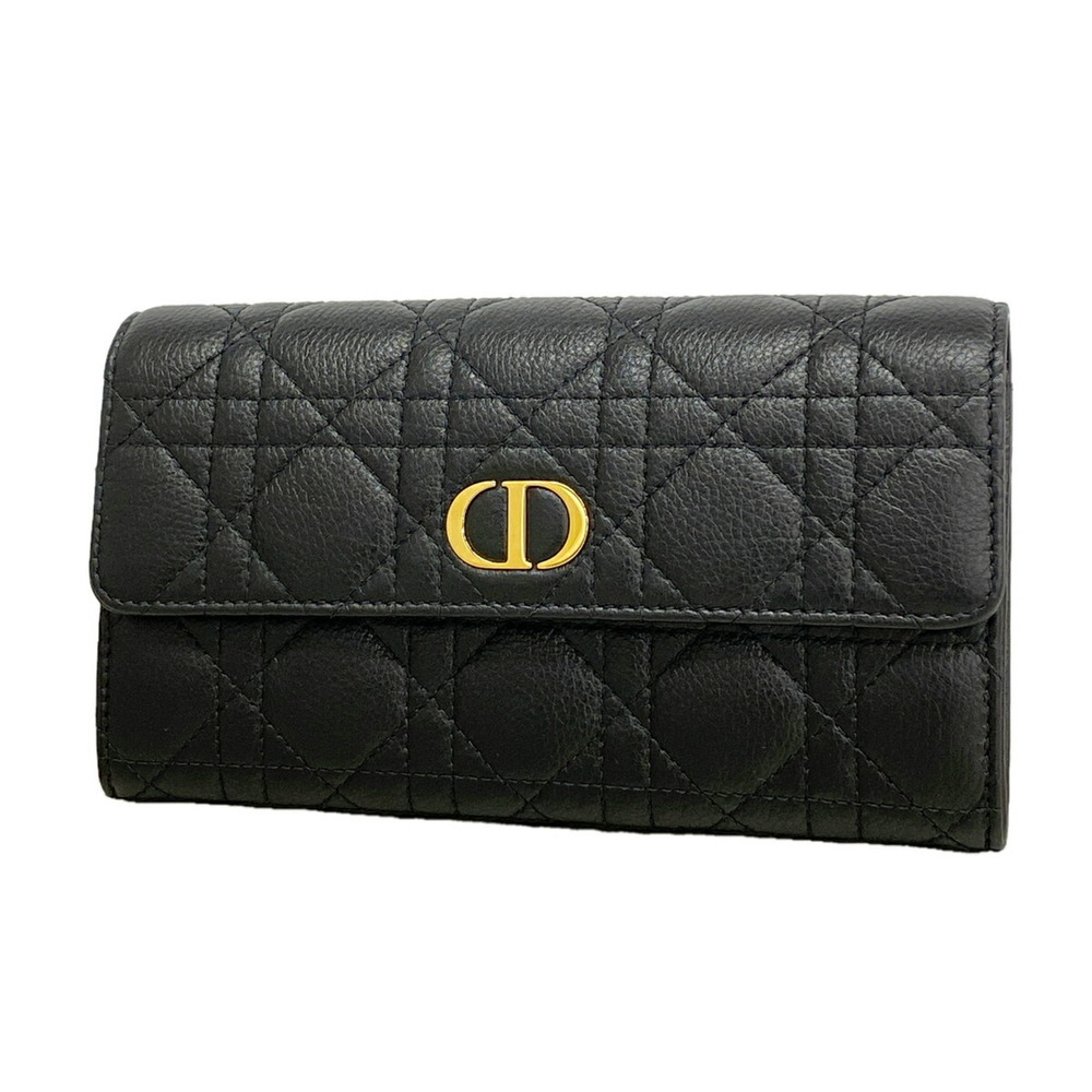 Christian Dior Long Wallet, Cannage Leather, Black, Women's